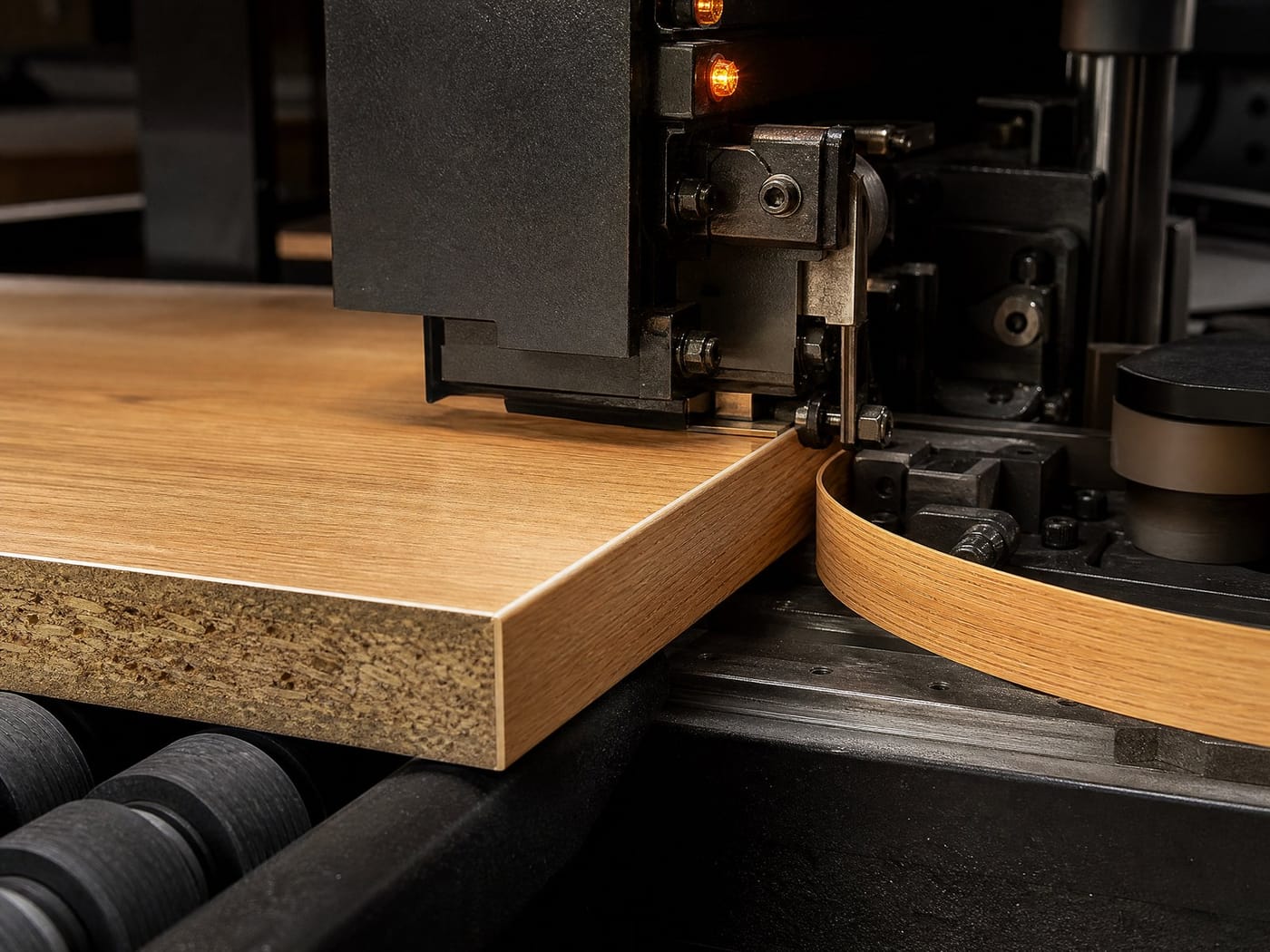 An edge-banding machine applying matching wood-grain edging to the freshly cut edge of a board.