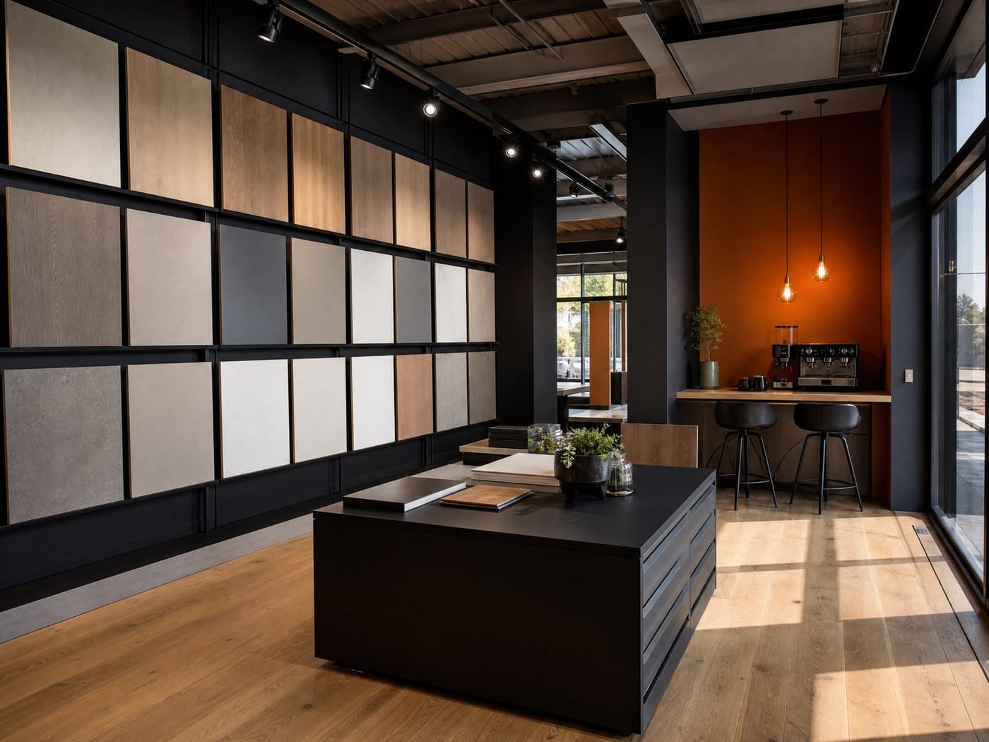 Concept render of a board showroom: a wall of material sample panels, a central display island, and a customer coffee corner. Illustrative placeholder, not the actual branch.